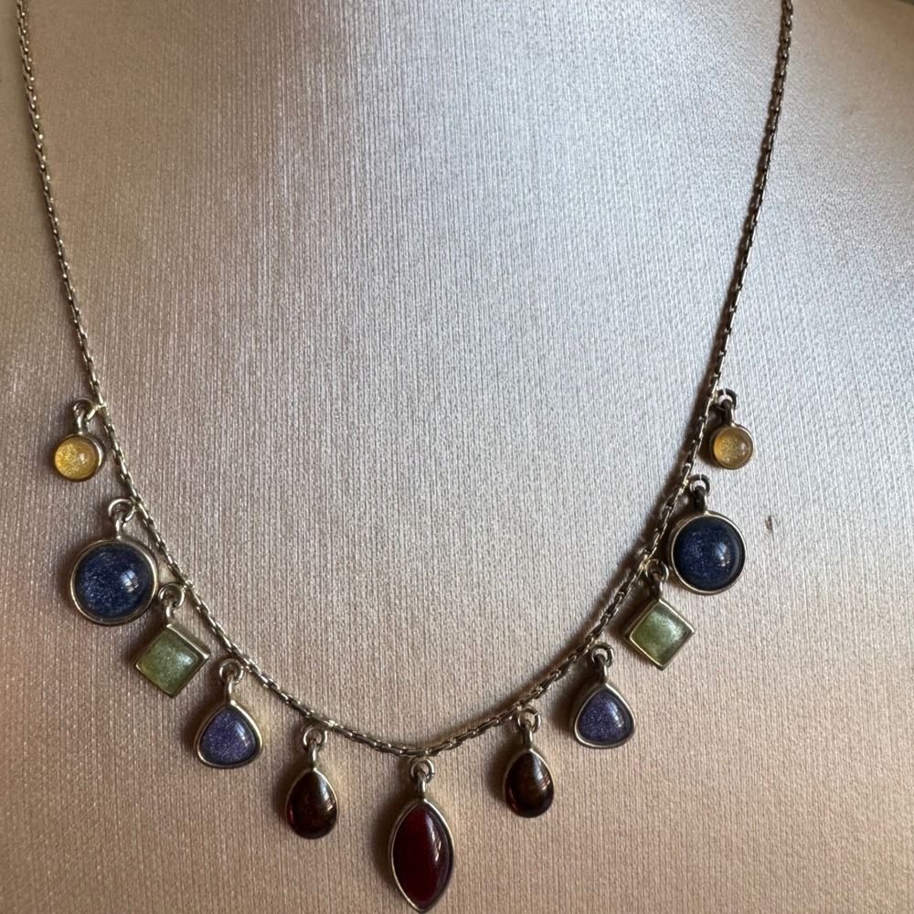 Multi Color Geometric Charm Necklace Silver Tone Boho Enamel Resin Drops 18 Inch